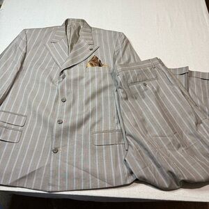 Vintage EJ Samuel 2 Piece Suit + Handkerchief Brown  Striped Blazer 46R Pant 40R